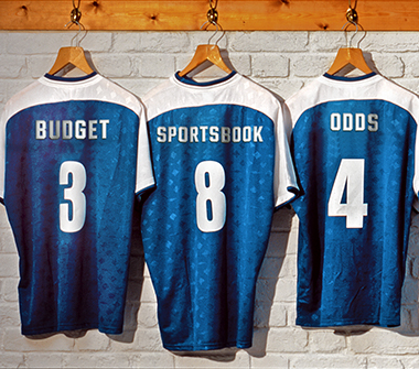 Image Alt Text A row of jerseys are shown with various words related to sports betting such as budget, sportsbook, odds, market, bet type