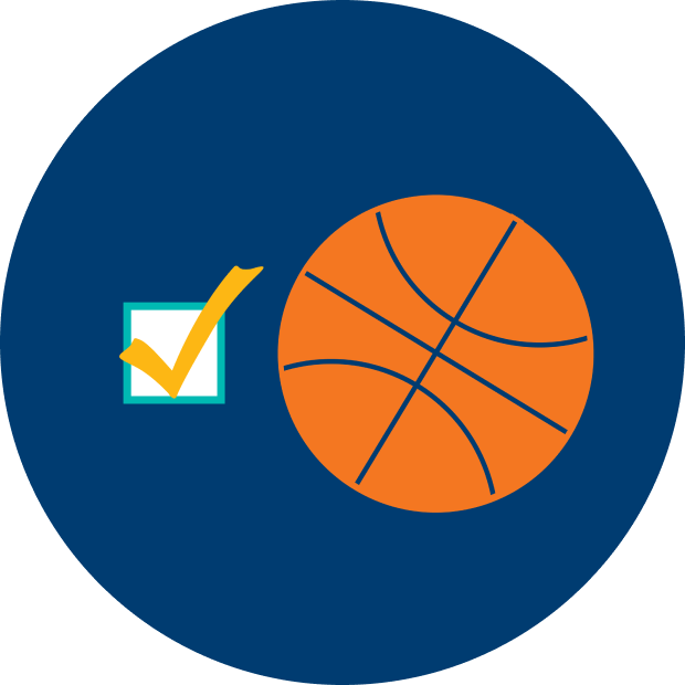 A checked box to the left of a basketball, representing a player choosing a sport and league.