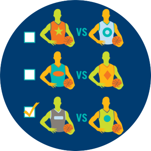 Three rows of boxes alongside three rows of basketball player versus another basketball player representing rival teams from different games or events. The third box is checked off.