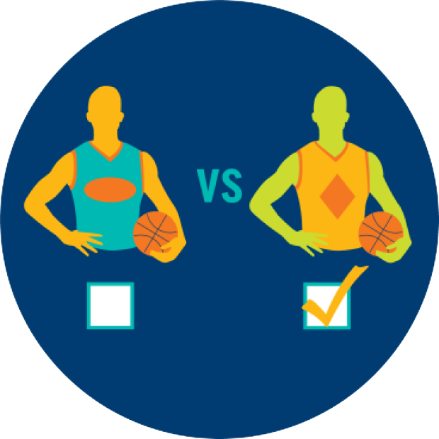 A basketball player vs. another basketball player. Underneath each basketball player is a box. The box to the right is checked off.