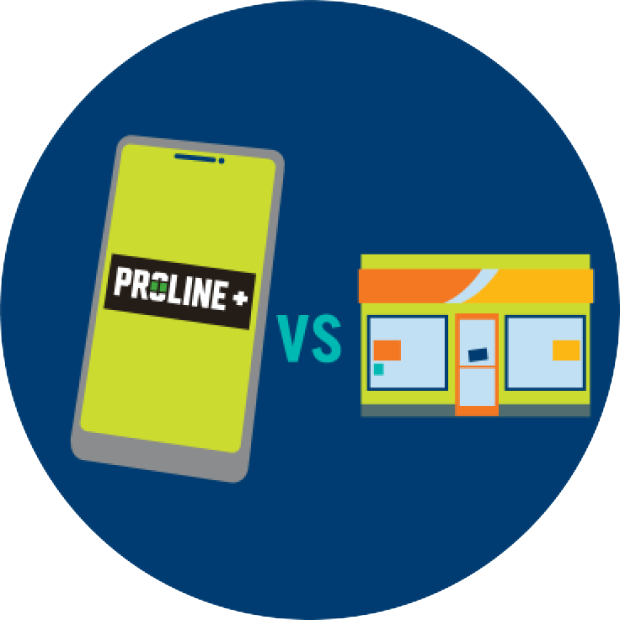 A phone displaying the PROLINE+ logo is shown versus a store, signifying a comparison between online and retail sports betting.