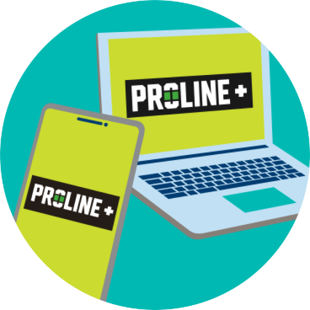 A laptop screen and phone screen display the PROLINE+ logo
