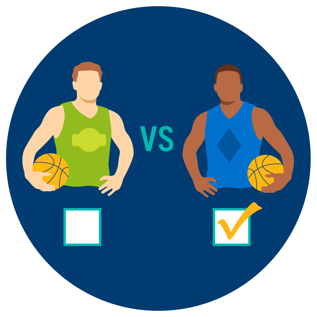 Un joueur de basketball en opposition à un autre joueur de basketball. Il y a une case en-dessous de chaque joueur de basketball. La case à droite est cochée.