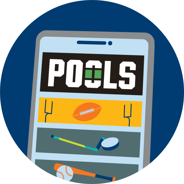A POOLS card on a phone screen displays a football and goal posts on the top, a hockey puck and stick in the middle along with a baseball and baseball bat at the bottom. These represent some of the sports available when playing POOLS Online.
