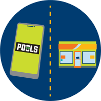A phone displaying the POOLS logo is shown on the opposite side of a convenience store.