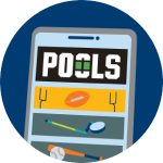 A POOLS card on a phone screen displays a football and goal posts on the top, a hockey puck and stick in the middle along with a baseball and baseball bat at the bottom. These represent some of the sports available when playing POOLS Online.