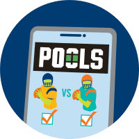 A POOLS card displayed on a phone is shown with two football players each representing a different team. Each football player has a box checked underneath it, representing both that teams have been picked for Box Play. 