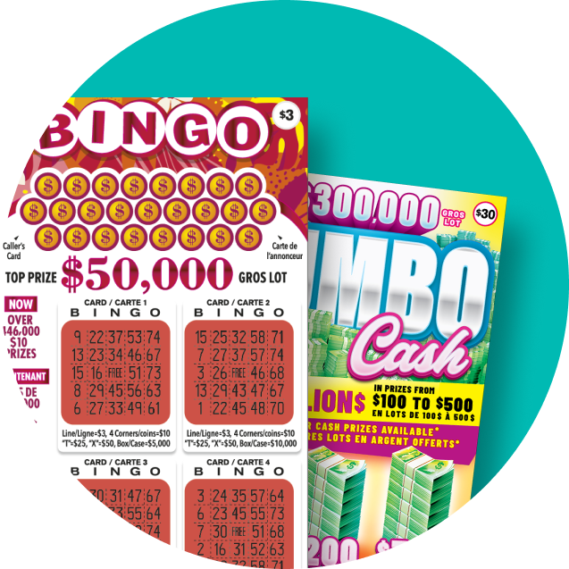 Des billets INSTANT Bingo et Jumbo Cash d’OLG sont montrés devant un cercle bleu.