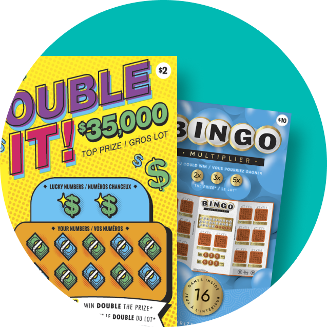 Des billets INSTANT Double It et Bingo d’OLG sont montrés devant un cercle bleu.