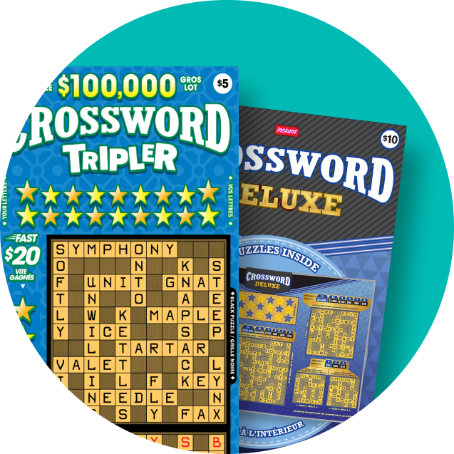 Des billets INSTANT Crossword Tripler et Crossword Deluxe sont montrés devant un cercle bleu.