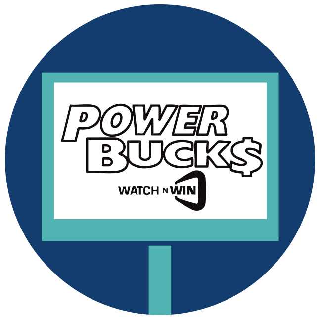一個顯示POWERBUCKS即看即贏遊戲標誌的螢幕。