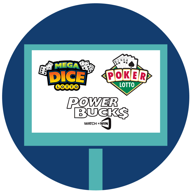 一個包含Megadice、Poker lotto和POWERBUCKS WHEEL OF FORTUNE® RUBY RICHES標誌的圓圈